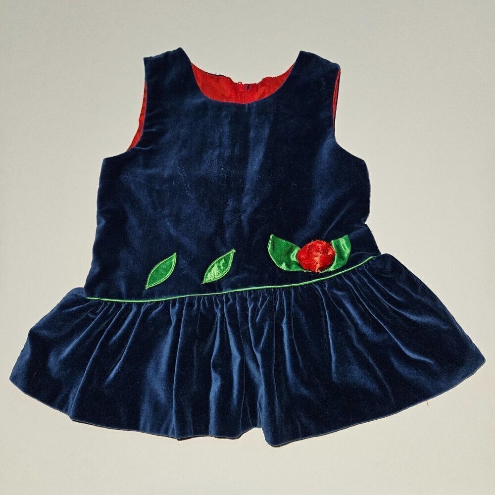 VTG Baby Togs Dress Velvet Blue Green Red Rose Size 12 Months Sleeveless Jumper